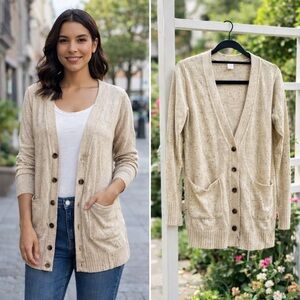 Cream Speckled Cardigan Cardigan Button Up Sweater Ribbed Sleeves and Bottom XS